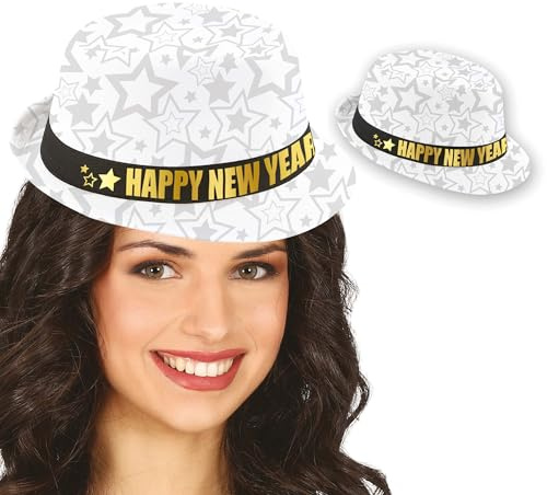 FIESTAS GUIRCA | Gorro Gangster Happy New Year Multicolor (Talla Única Adulto) - Sombrero para Fiestas de Fin de Año y Celebraciones - Accesorio de Disfraz para Adultos - Ideal para Año Nuevo - Blanco