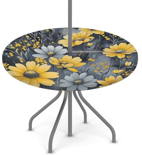 Woltant Nappe ronde avec trou de parasol et fermeture éclair facile à nettoyer avec bords élastiques - Protection de table d'extérieur pour jardin, terrasse, barbecue - Motif fleurs jaunes et grises