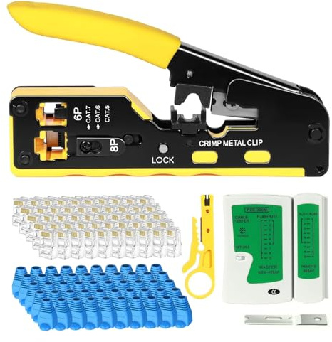 Qudubuy Kit d'outils à sertir RJ45 avec testeur de câble Ethernet – Outil de sertissage RJ45 pour Cat5/5e/6/6A/7, compatible RJ11/RJ12, kit d'outils de sertissage Ethernet 105 pièces pour