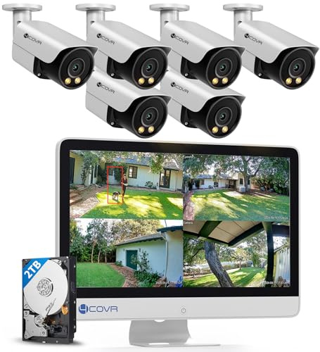 4COVR 4K Überwachungskamera Set mit Monitor & Personen-/Fahrzeugerkennung, 8CH NVR mit 2TB Festplatte, 8X 8MP IP67 PoE IP Kamera, 2-Wege-Audio & Farbnachtsicht, 24/7 Videoüberwachung, DLY37YX8MU806
