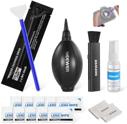NEEWER 16 i 1 rengöringssats för kameralinser, 1 borste + 1 blåsare + 1 rengöringsdyna för helformatssensor 24 mm + 1 rengöringsspray + 2 dukar + 10 våtservetter, HM-44