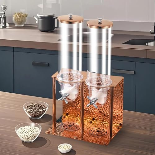 NLLATEI Müslispender Für Die Arbeitsplatte, Reiskornspender Für Küche Und Vorratskammer, 7-Liter-Müslispender Mit Doppelkopf Vorratsbehälter, Edelstahlsockel(Rose Gold)