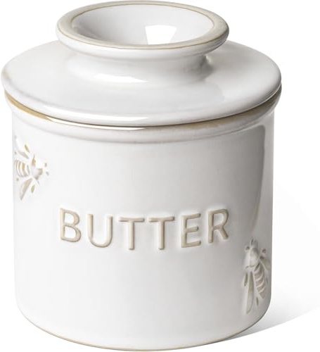 LE TAUCI Butter Crock, Butter Dish with Lid, Butter Container for Counter with Water Line, Embossed French Butter Keeper for Spreadable Butter, Suit For Housewarming - Set of 1, Arctic White, Bee
