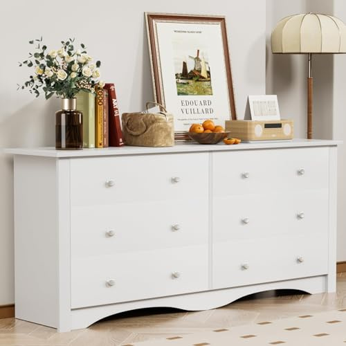 YESHOMY White Wood Dresser with 6 Drawer, 47.2‘’ Cabinets Dressers Wood Dresser Cabinet, Organizer Drawers for Bedroom, Living, Hallway
