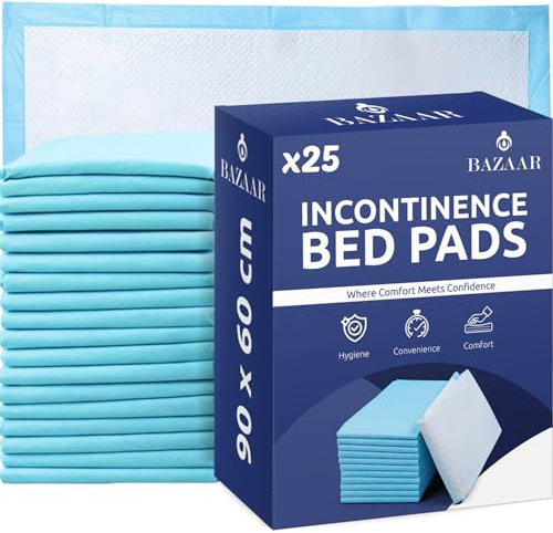 Bazaar 25 x Disposable Incontinence Bed Pads 90 x 60cm – Highly Absorbent Waterproof Bed Sheets for Adults, Elderly, Children & Babies – Bed Wetting Sheets & Bed Protectors for Mattress, Sofa & Chair