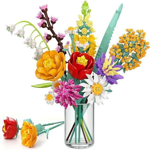 Kit de Construction Bouquet de Fleurs, 1070 PCS Flowers Botaniques - Décoration pour 10 Fleur Maison Bureau, Cadeau pour Enfants Noël, Adultes Femmes Saint-Valentin & Fête des Mères