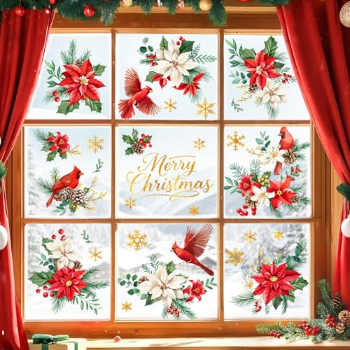 Supzone 10 Sheets Christmas Window Stickers Red Cardinal Birds Window Decorations Double-Sides Christmas Wreath Window Clings Xmas Flowers Decal for Glass Home Doors Bedroom