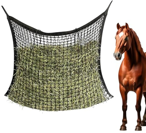 GOEDCH Filet à foin : 120 x 90 cm Sac à foin pour chevaux, noir, grand filet d'alimentation pour foin, filet à foin de cheval, filet à foin à mailles serrées, sac à nourriture pour les animaux de