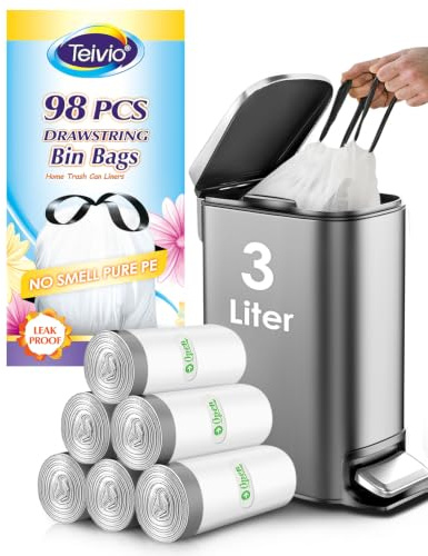 Teivio 3 Liter Small Bin Liners with Tie Tap, 88 Counts Strong Drawstring Pedal Bin Bags Fit 3-5L Trash Can, Mini Waste Paper Bin Bags for Home Office Kitchen Bathroom Bedroom, White Rubbish Bag