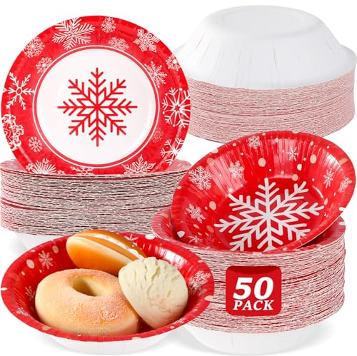 gisgfim 50 Pcs 16 oz Christmas Snowflake Paper Bowl Red White Snowflake Disposable Soup Serving Salad Bowls Winter Themed Snack Bowl for Xmas Holiday New Year Party Dinner Dessert Decoration Supplies