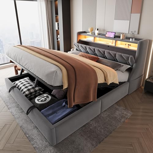 Dolamaní Polsterbett Doppelbett 180x200 cm mit Hydraulische Stauraum, Polster Kopfteil mit LED-Beleuchtung, Steckdose und Ablagefach, Samtstoff, Bett Ohne Matratze (Grau A)