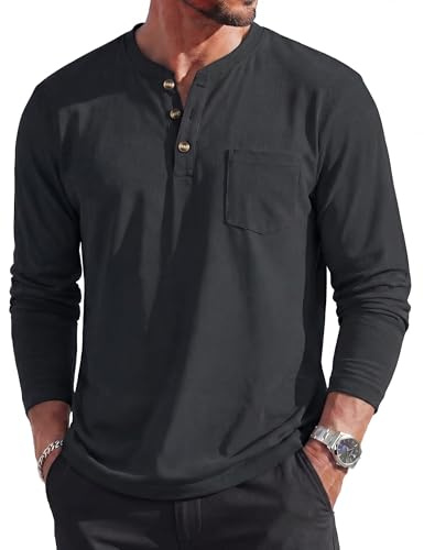 MAGCOMSEN Mens Tshirts Henley Long Sleeve Breathable Casual Shirts Lightweight Casual Cotton Top with Pocket Crew Neck,Black,XL
