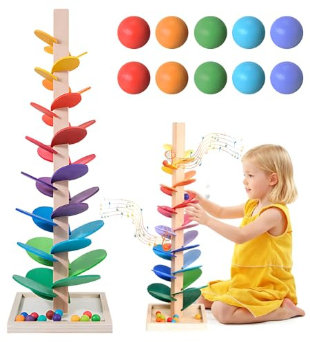 Weciau Pista Biglie Legno, Pista Biglie Sonora Arcobaleno per Bambini, pista delle biglie Arcobaleno Legno Montessori con 10 Palline Arcobaleno, Gioco Motricità in legno Giochi Educativi dai 3 Anni