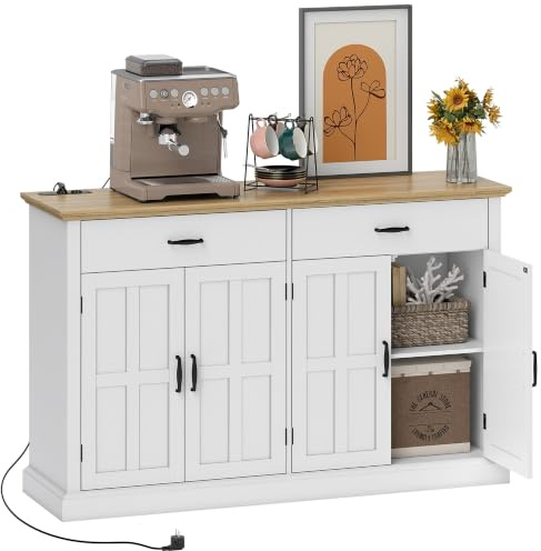 HOMCOM Buffet avec Port USB Multiprise 2 Tiroirs 140 x 40 x 91,5 cm Blanc | Meuble de Rangement, 2 Placards Portes de Grange, Étagères Ajustables, pour Salle à Manger Salon
