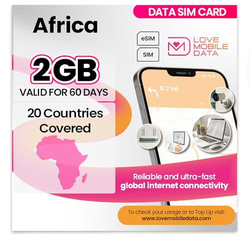 Love Mobile Data Only Sim Card - International Multi-Network 4G/5G Prepaid Pay As You Go Data Sim for Mobile Phones, WiFi Routers, Africa (20 countries) & UK - 2GB for 60 Days