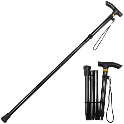 Ludom justerbar promenadkäpp i aluminiumlegering, hopfällbar käpp med halkfri gummibas och handtag för resor, vandring och sport (svart)