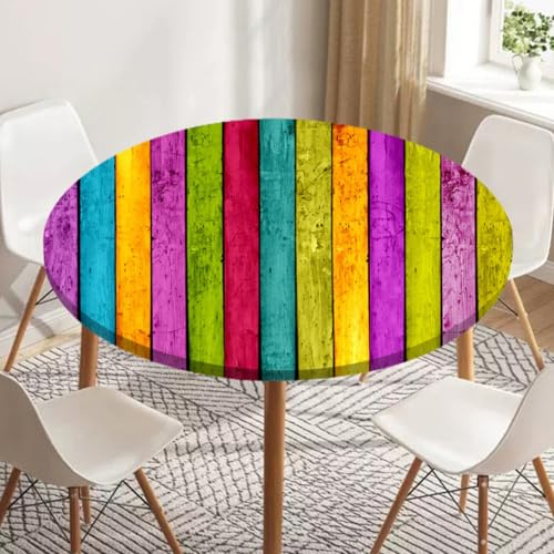 Odot Tischdecke Abwaschbar Rund mit Gummizug, Tischdecke Rund 60-180cm Abwischbar Wasserdicht Gartentischdecke für Draußen Spanntischdecke für Garten Versammlung - 3D Holzmaserung (Mehrfarbig,180cm)