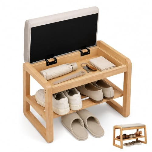 BaoBaJiu Banc à Chaussures Entrée avec Rangement, Meuble Chaussure Bois Massif avec Coussin Similicuir, Banc de Rangement Effet Chêne Clair, Etagère à Chaussures 2 Niveaux pour Couloir(55cm)