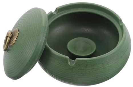 Amosfun Cenicero de Cerámica Verde con Tapa Hermética a Prueba de Viento para Interiores y Exteriores, Diseño Compacto para Mesa, Accesorio Decorativo Funcional para Hogar y Oficina