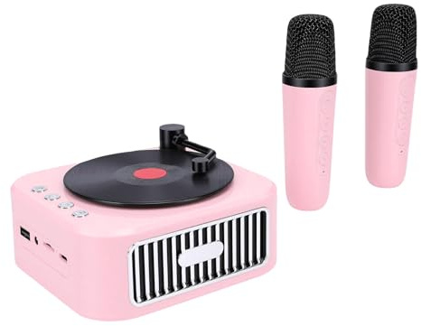 Jectse Mini Macchina per Karaoke, Altoparlante Portatile con 2 Microfoni Wireless per Bambini Adulti, Suono HiFi Riproduzione 5H Design retrò Festa in Casa Regalo da Viaggio All'aperto (PINK)