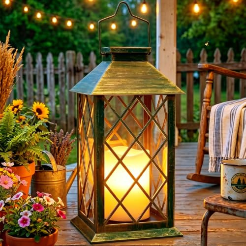 Dekofun 35cm Lanterne Solaire Exterieur, Suspension Lampe Solaire avec Bougie LED Flamme Vacillante, IP44 Étanche Deco Jardin Exterieur pour Table Terrasse Funeraire Balcon Decoration - Bronze | IP44 étanche, verre trempé, lampe suspendue, décoration pour terrasse, table, tonnelle, balcon et extérieur