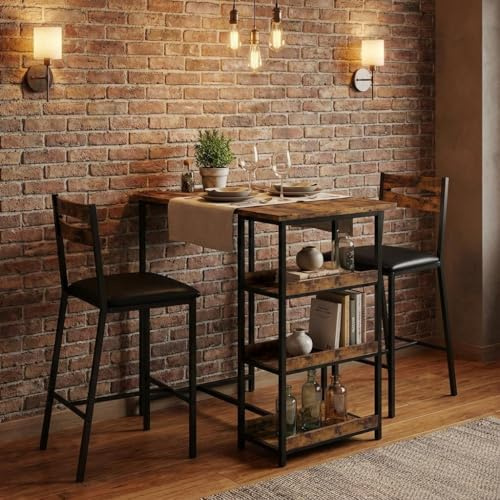 Litake Esstisch Set Für 2 Mit 3 Aufbewahrungsregalen, Küchentisch & Stühle Für 2 Polsterstühle & Dicke Holzplatte, 3-Teiliger Esstisch Set Für Kleinen Raum, Wohnung, Studio, Retro Braun