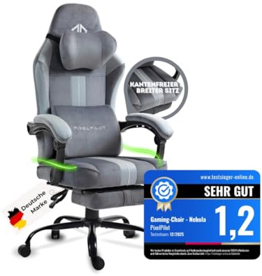 PixelPilot Gaming Stuhl mit Fußstütze, ergonomischer Gaming Bürostuhl aus atmungsaktivem Stoff, breite Sitzfläche, Kopf- und Lendenstütze, bis 150 kg belastbar,Grau