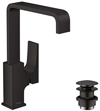 hansgrohe Wasserhahn Metropol, wassersparende Armatur mit Komfort-Höhe 230mm mit Push-Open Ablaufgarnitur, Mattschwarz