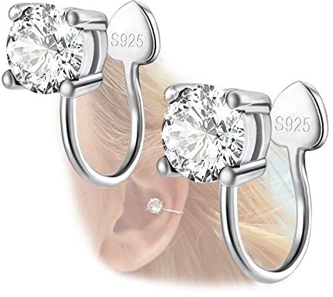 Cubic Zirconia Ear Cuffs - Sterling Silver Hypoallergenic Non-Piercing Cartilage Earrings CZ Clip on Earrings Round Crystal Stud Earrings for Women 6mm