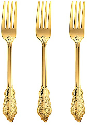 N9R 100PCS Gold Plastic Forks, 7.48inch Disposable Gold Plastic Silverware, Heavy Duty Plastic Forks for Parties, Weddings and Events