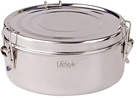 Acan Fiambrera de acero inoxidable, de 18 cm diámetro y 10 cm de altura con 2 platos. Recipiente para almacenar comida de inox con 2 platos incluidos.