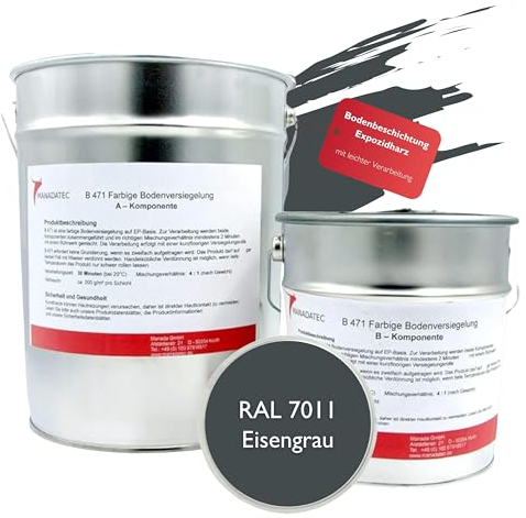 MANADATEC 2k Epoxidharz Bodenbeschichtung 1kg I RAL 7011 Eisengrau I Lösemittelfrei, Umweltfreundlich & Geruchsneutral I Beschichtung für Garagen- & Kellerböden I Hohe Schlagfestigkeit