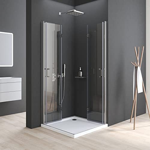 Duschkabine Eckeinstieg 90x75x195cm Doppel Falttüren Duschtüren 6mm NANO Beschichtung ESG Glas 180º Eckig Dusche Duschabtrennung Duschwand