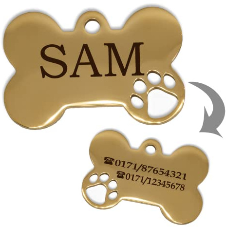 Ibera gifts - Hundemarke mit Gravur und personalisierte Hundemarke in Knochenform für sehr kleine Haustiere oder Welpen (Klein, 1 Pfote, Gold)