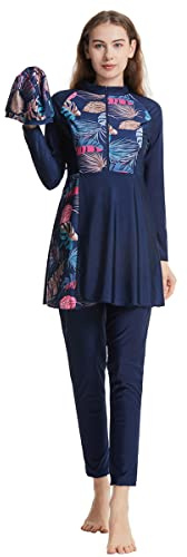 Odizli Burkini Damen Muslim Langarm Zipper Blumen Badeshirt+Schwimmhose+Badekappe 3tlg Ganzkörper Islamisch Modest Bademode