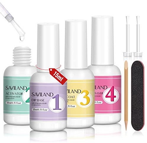 SAVILAND Dip Powder Liquid Set, 4 Pcs Nail Dip Liquid Set HEMA-Free | 15ml Dip Liquid with Base Activator Top Coat and Brush Saver Dipping System Essentials No Curing for Home Use DIY Salon Art
