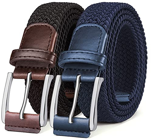 BULLIANT Elastischer Flechtgürtel 2er, Gürtel Herren Damen Stoffgürtel Geflochten Stretchgürtel Golfgürtel 35mm(Schwarz/Antikblau-95cm/26-30 taille verstellbar)