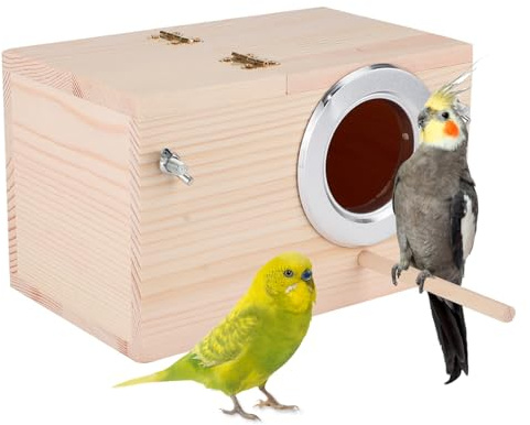 Sittich Nistkasten 12 x12 x 19,5 cm Natürliche Vogel Zuchtbox Holz Haustier Zuchtbox Käfig Vogelhaus Papageien Paarungsbox mit Ständer Outdoor Garten Dekoration Zubehör, Right Opening