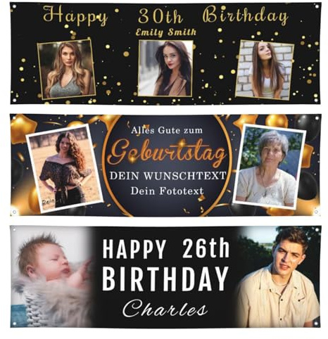 Naispanda Geburtstagsbanner mit Personalisierung, Alles Gute zum Geburtstag-Banner, Personalisierbar mit Deinen Fotos und Texten, Geburtstags Banner mit Eigenem Foto, Namen und Jahreszahl