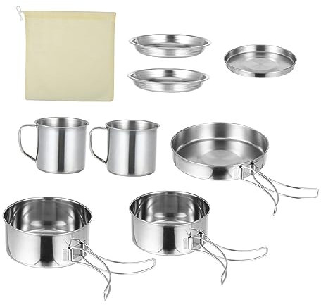 Kisangel 8pcs Stainless Steel Camping Cookware Set Picnic for People Lightweight Design for Backpacking and Outdoor Cooking