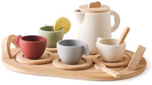 Ensemble de thé pour Enfant, Tasse à thé en Silicone et Plateau en Bois, Service à thé pour Petites Filles et garçons, Ensembles de Jouets de Cuisine pour Enfant, Accessoires de Jeu de Simulation