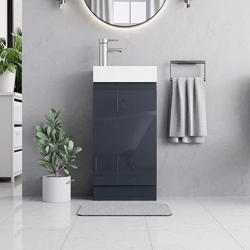 BELOFAY Denvor Grey 400mm Floor Standing Bathroom Vanity Unit With Basin - Laquered Cloakroom Vanity Unit with 1 Tap Hole Ceramic Basin and Soft Close Hinges with WASTE INCLUDED