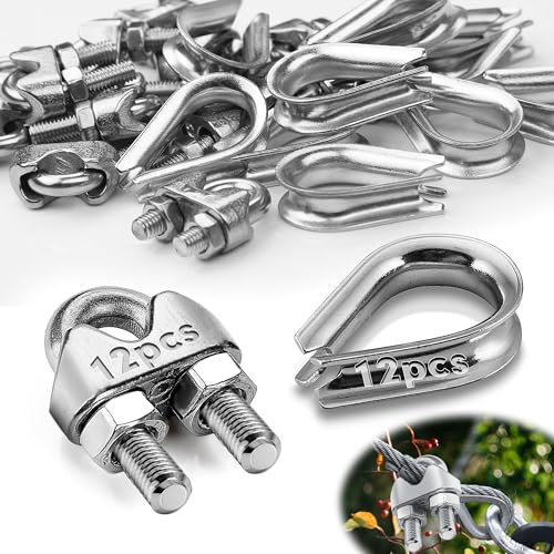 Mbsomnus 24 Pezzi Morsetti per Cavo Acciaio 6mm 12 Pezzi Morsetti Cavo Acciaio M6 e 12 Pezzi Ditale Cavo Acciaio Morsetti per Filo Stendibiancheria Forma di U Inox per Fune Metallica