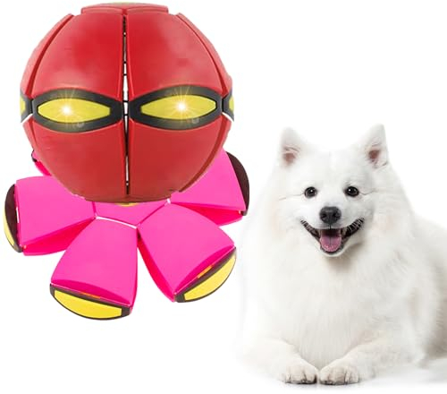 BADWALT Juguete para mascotas, bola de platillo volador, juguete para perros con 3 luces para perros interactivos, gatos, pelota de pie para niños, juegos al aire libre, juegos de camping, rojo y rosa