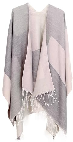 DiaryLook Damen Poncho Schal Winter Cardigan Übergroße Cape Elegant Poncho Für Frauen Umhang Damen Warm Geschenk Für Mutter Rosa Hellgraue Gestreift