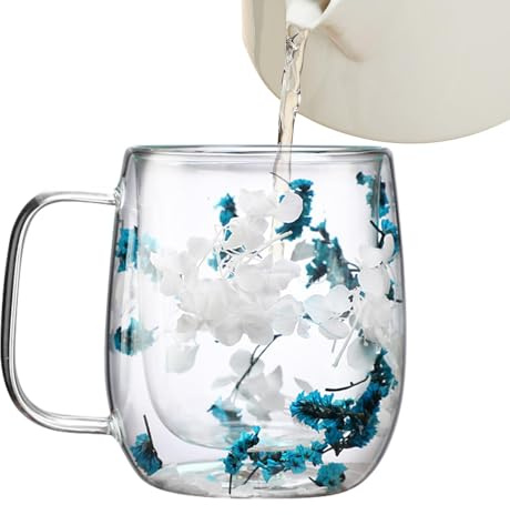 Tasse en verre à motif fleurs séchées – Tasse en verre à double paroi | Tasse en verre avec motif de fleurs séchées | Tasse à double paroi en verre pour thé, cappuccino, boisson froide