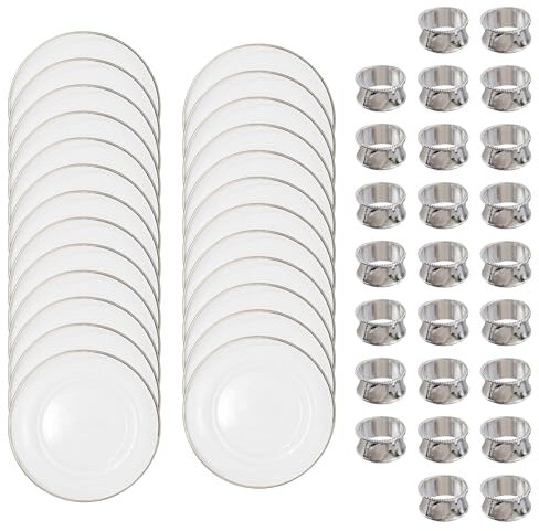 Trimming Shop 50 -Piece Charger Plate and Napkin Ring Set | 25 Silver Trim Acrylic Charger Plates (33cm) & 25 Hammered Design Napkin Rings | Reusable Fine Dining Table Decor - Silver