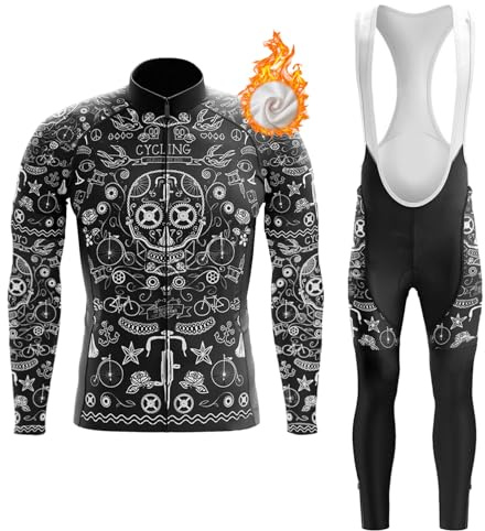 Abbigliamento Ciclismo Uomo Invernale Completo Bici MTB Tuta Ciclista Termico Vello,Maglietta Bicicletta Giacca Manica Lunga e Salopette Pantaloni con 19D Gel Imbottiti,Maglia da Ciclo Traspirante
