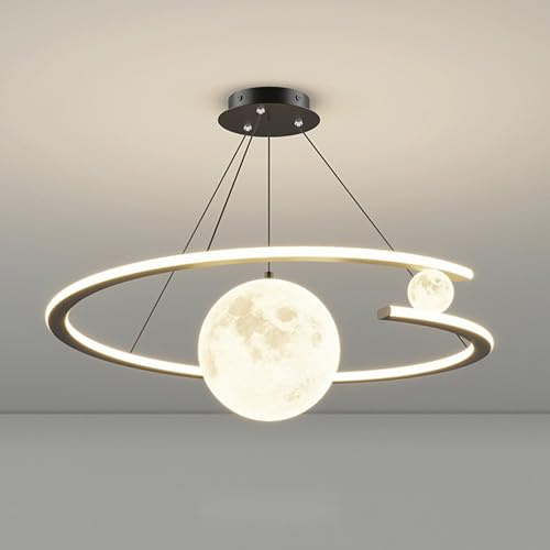Moderne 3D gedruckte Mond Pendelleuchte Dimmbar Rund LED Hängelampe Mit Fernbedienung Höhenverstellbar Kronleuchter Esstischlampe Höhenverstellbar Hängend für Esszimmer Wohnzimmer Küchen (Schwarz)