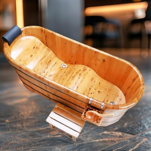 Qcesorib rutschfeste Badewanne aus Massivholz, Freistehende Wanne mit Kopfstütze und Hocker, Eintauchen Wanne mit Hängekorb, Für Hotel Schönheitssalon